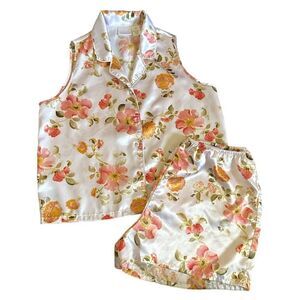 Soft Sensations Orange Cream Floral Satiny Two Piece Nighty Pajama Set